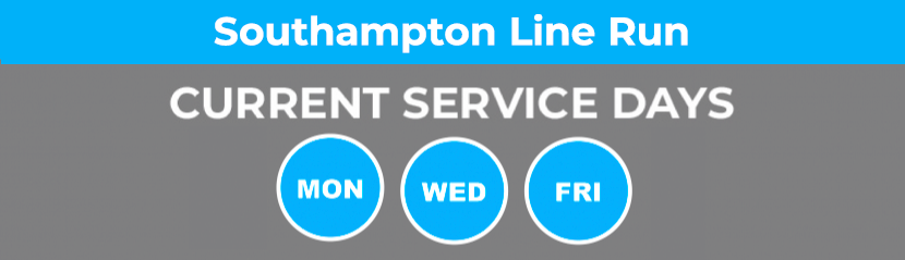 Graphic with text that reads: Southampton Line Run | Current Services Day | Monday, Wednesday, Friday